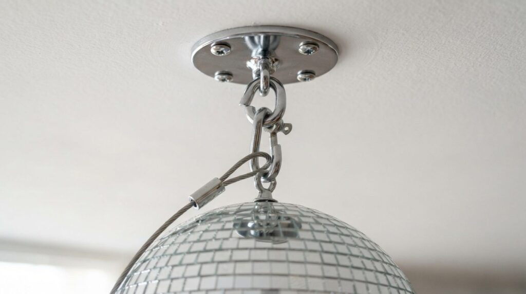 Close-up detail shot of a chrome ceiling hook and profession