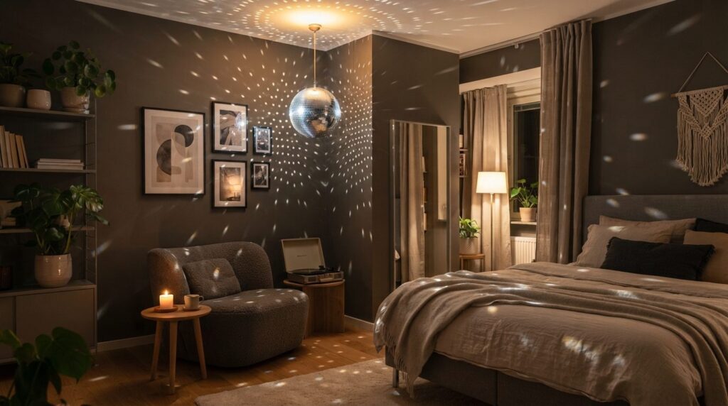 Stylish home interior with a disco ball hanging in corner of