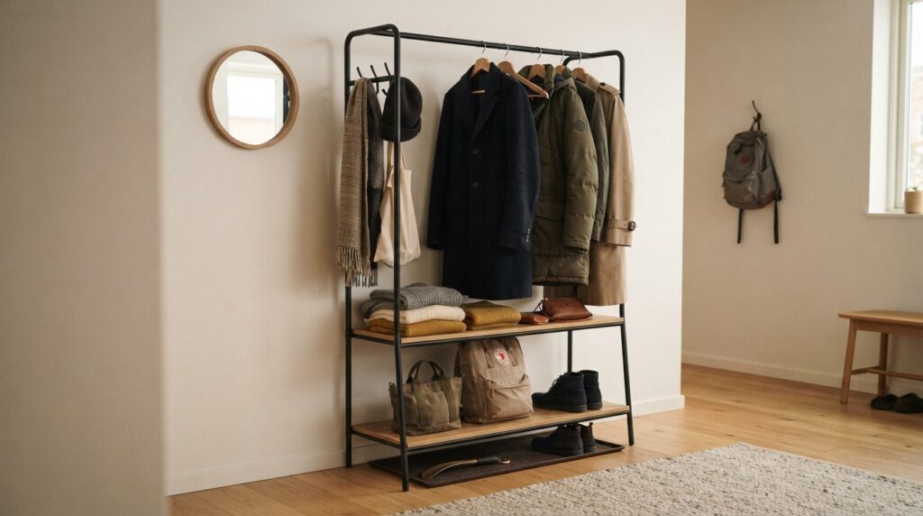 Close-up detail shot of a compact entryway wall storage syst
